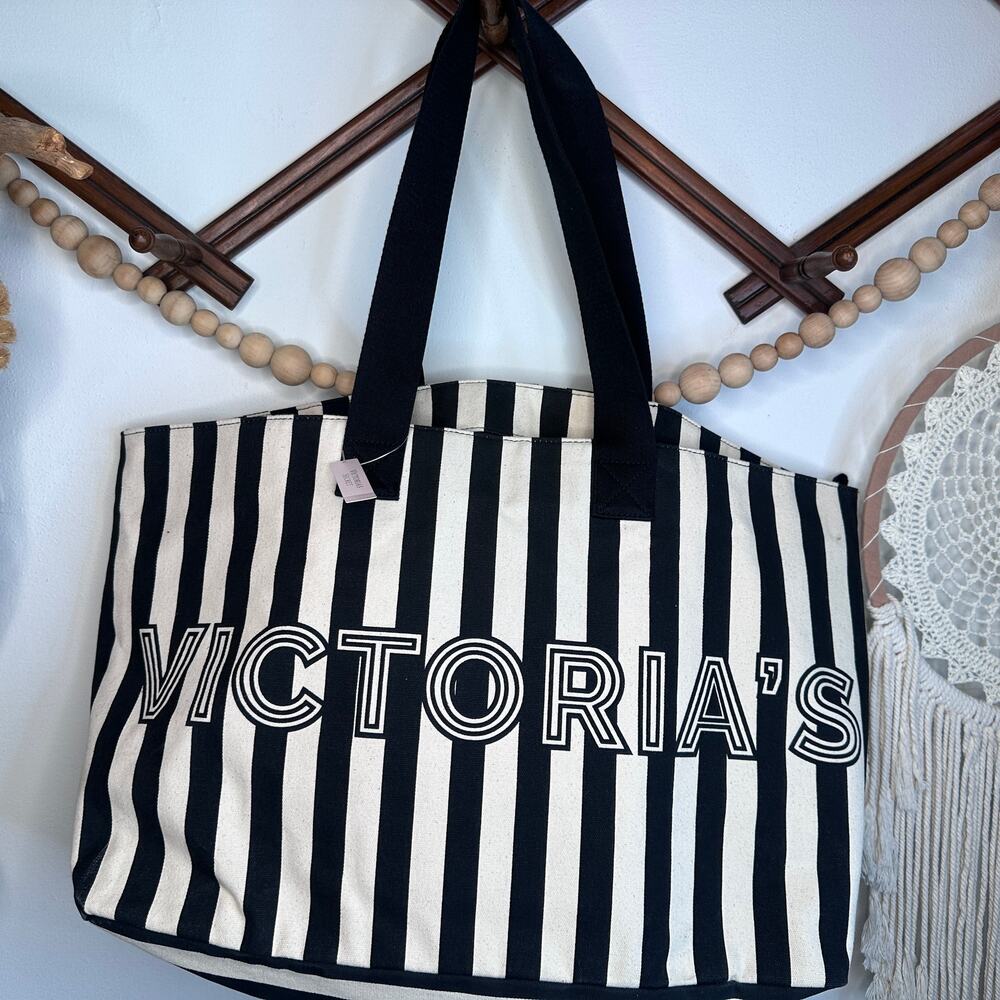 NEW Victoria's Secret Black White Stripe Canvas Bag Wristlet